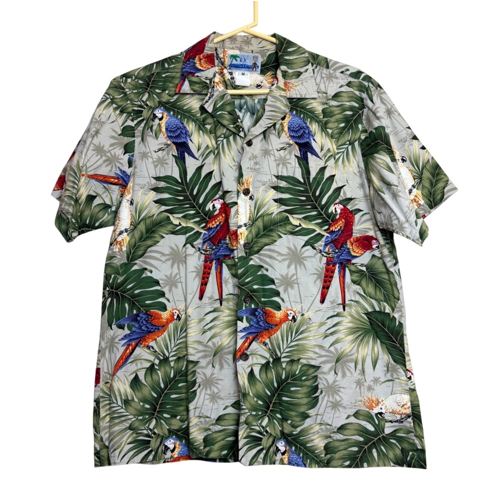 80s RJC Hawaiian Shirt Mens Medium Tropical Parrot‎ Bird Print Beach Vintage Dad